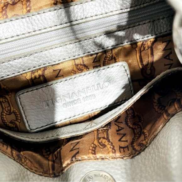 Tignanello Metallic Gold Silver Pebbled Leather shoulder Bag Brown Chain Fabric - Picture 9 of 14
